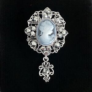 Victorian-style Brooch Faux CAMEO MARCASITE Pin BLUE SILVER BLACK Goth Vampire